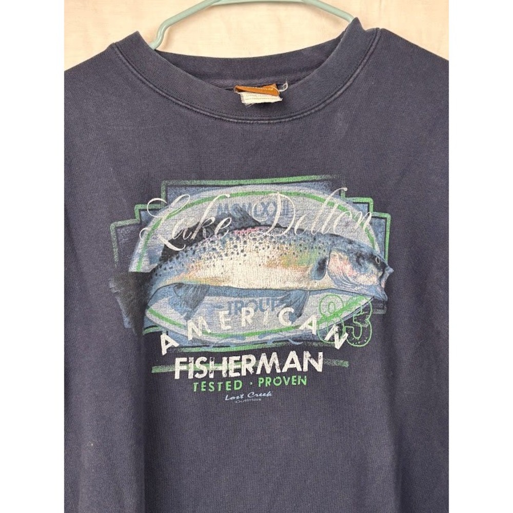 American Outdoors Lake Delton Fisherman Trout Graphic Sweatshirt Navy Blue Large